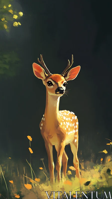 Young deer stands in dappled forest light, painterly rendering