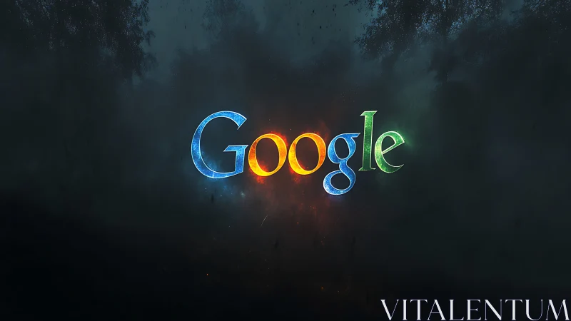 Google logo glowing in dark atmospheric digital space.