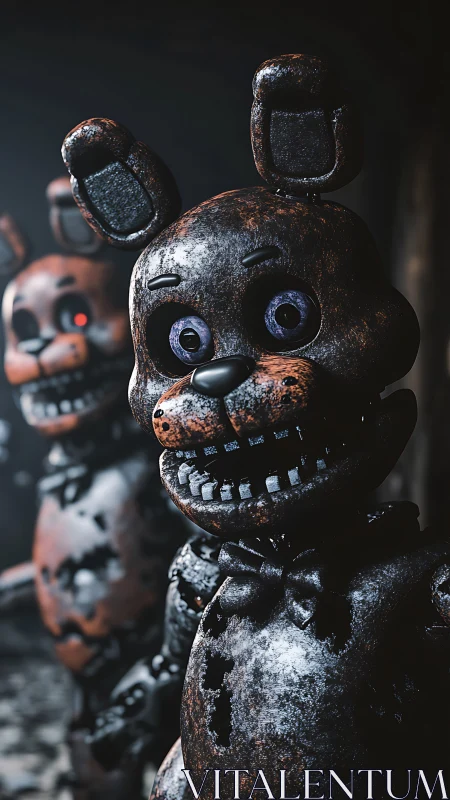 Rusted animatronic rabbits glare under haunted corridor light.