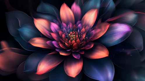 Glowing lotus petals unfold in luminous pink, blue, and gold