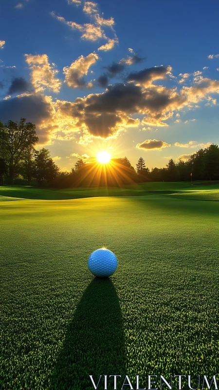 Golden hour golf green with sunlit ball and long shadow.