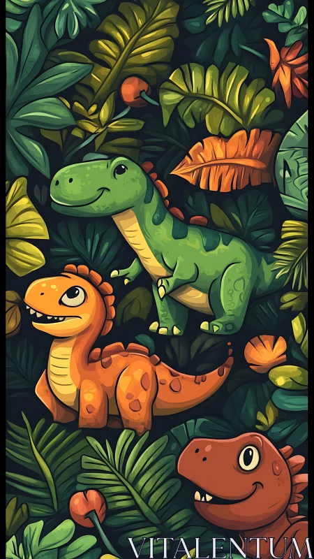 Playful cartoon dinosaurs in lush jungle foliage pattern.