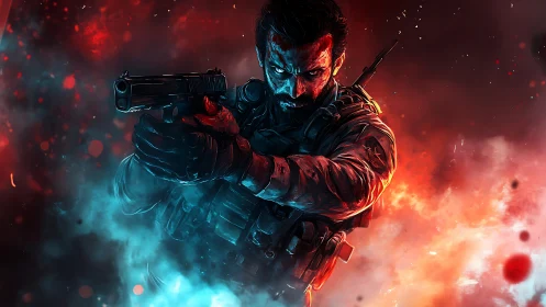 Heavily armed soldier aims handgun amid red and blue smoke