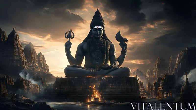 Colossal Shiva statue towers above burning ancient cityscape
