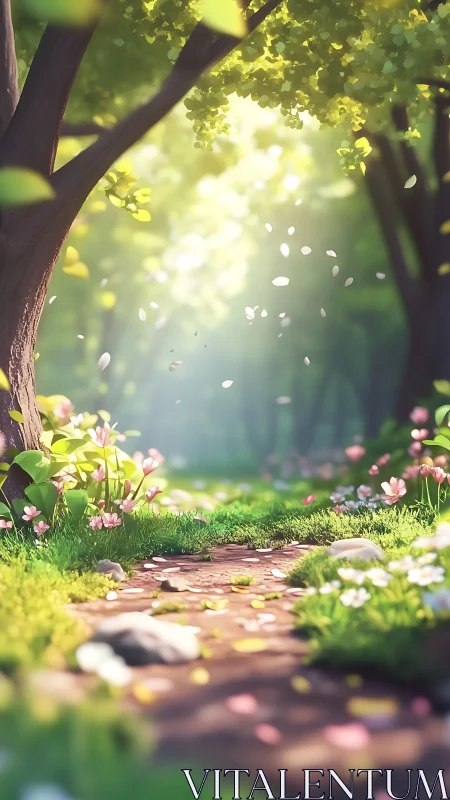 Sunlit Garden Path Through Ancient Trees.