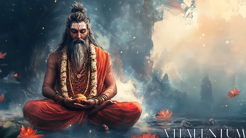 Meditative ascetic in orange robes by misty waterscape.