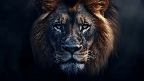 Majestic lion gazing calmly through velvety twilight shadows.