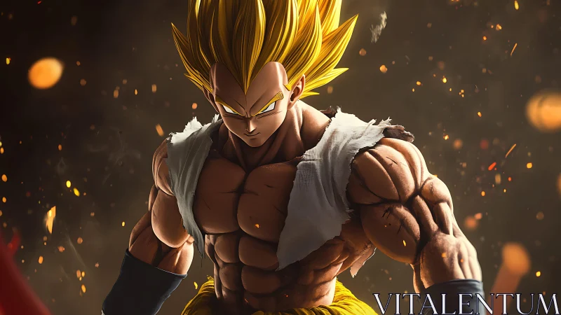 Fiery warrior stands tall in a storm of drifting embers.