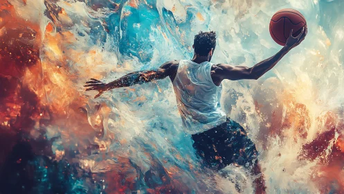 Dynamic basketball player leaping through liquid energy
