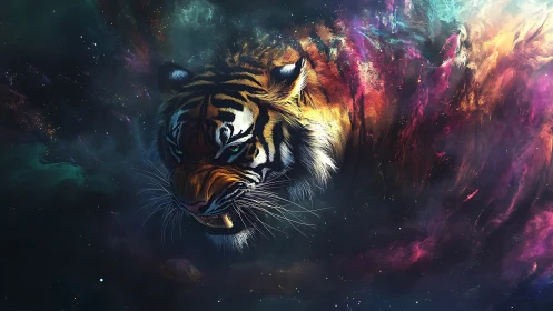 Cosmic tiger head emerges through prismatic nebula clouds.