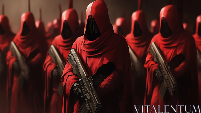 Scarlet guardians stand watch in a shrouded techno procession.