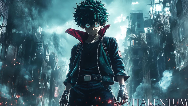 Brooding anime hero confronts chaos in a burning cityscape