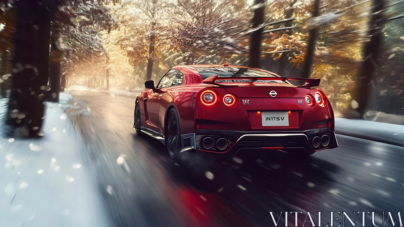 Aerodynamic red sports coupe accelerating through wintry forest.