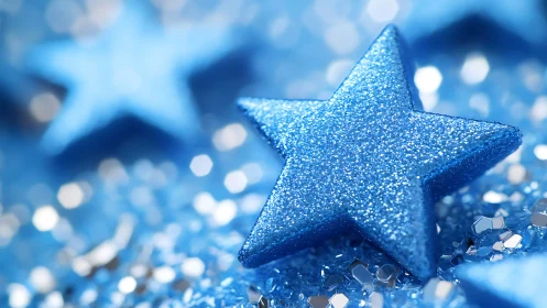 Blue glitter star macro on sparkling festive background.