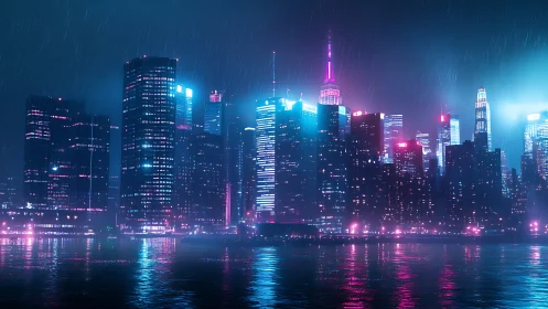 Neon soaked city skyline glows gently across the rainy bay