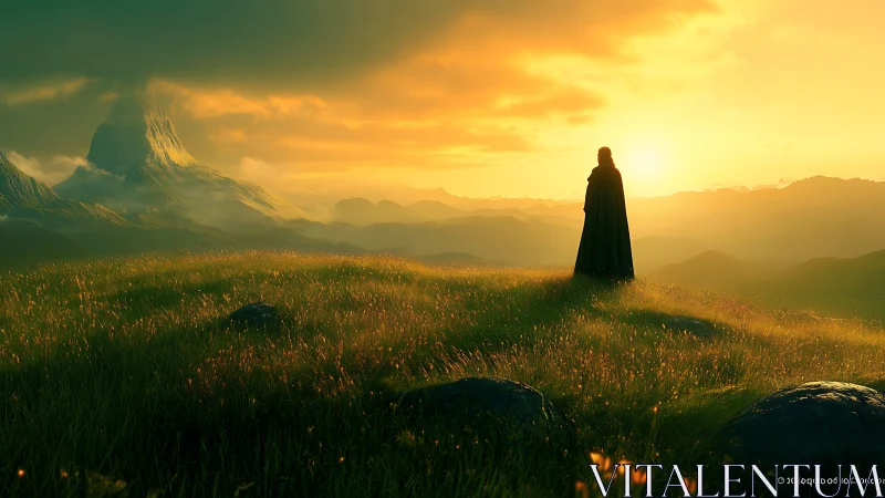 Digital painting of cloaked wanderer on luminous highland ridge.