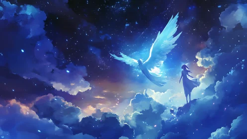 Starlit clouds welcome a glowing winged spirit to a dream sky