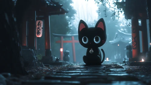 Midnight shrine path with glossy black neko guardian.