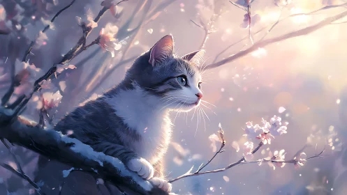 White Cat Perched on Snow-Laden Branch Among Blossoms
