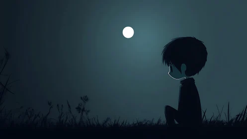 Silhouetted child observing full moon over grassy field.