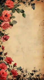 Asymmetrical vintage rose border on distressed parchment field.