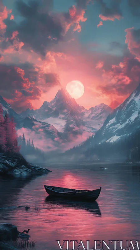 Digital painting of lunar alpine lake with solitary boatscape.