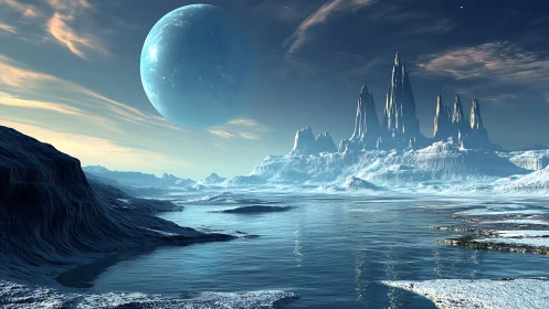 Frozen alien coastline reflects towering crystal citadel