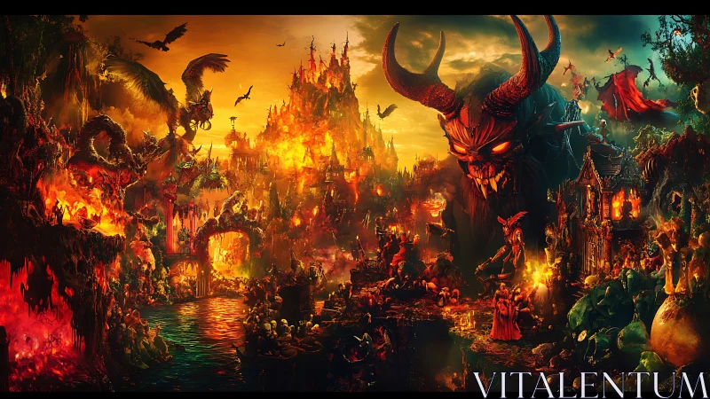 Fiery demon realm unfolds in a chaotic infernal panorama