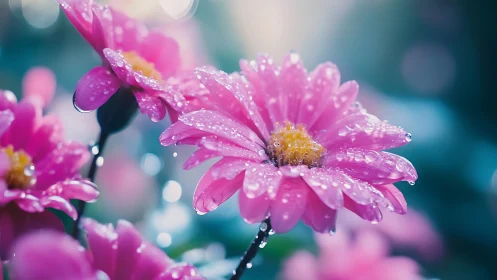Rain-Kissed Magenta Daisies Shimmer in Morning Light