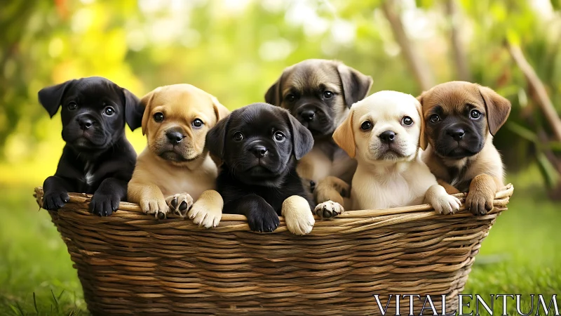 Mixed-breed puppies rest together inside woven basket outdoors