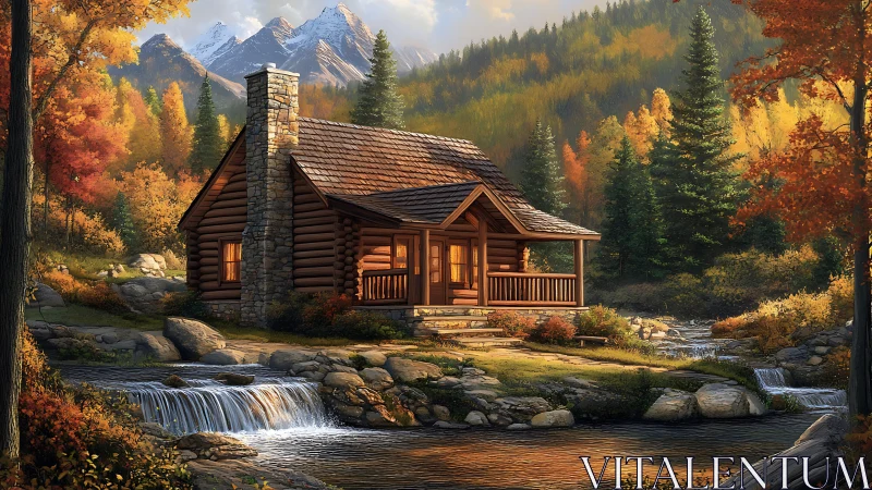 Log cabin stands beside cascading stream in forested valley