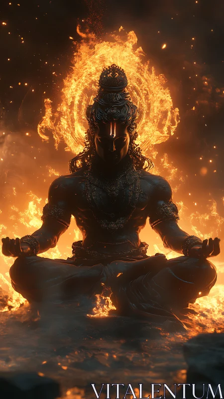 Fiery meditative deity emerges from molten spiritual flame