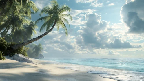 Tropical Shoreline: Curved Palm Against Cumulus Sky and Turquoise Waters.