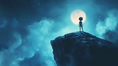 Silhouette child stands on rocky cliff under full moon