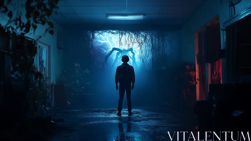 Silhouetted figure faces glowing portal in dark hallway.