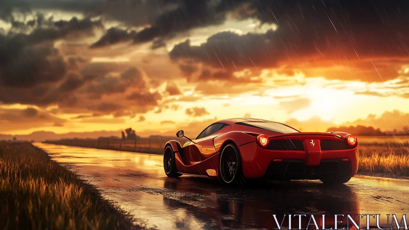 Red supercar on wet rural road under sunset sky.
