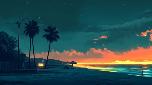 Sunset shoreline glowing under deep teal evening sky.