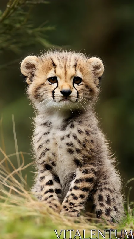 Young cheetah cub in soft-focus grassland portrait.