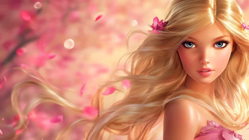 Blonde fantasy girl glows amid swirling pink blossom petals