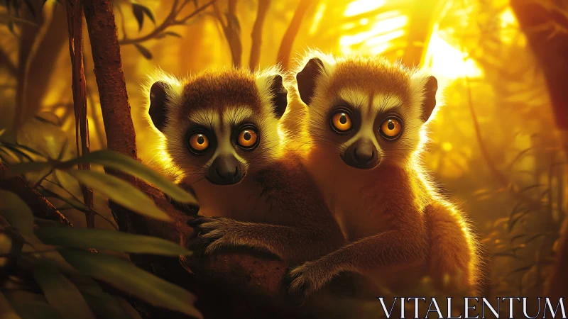 Two stylized lemurs sit on a branch in warm forest light