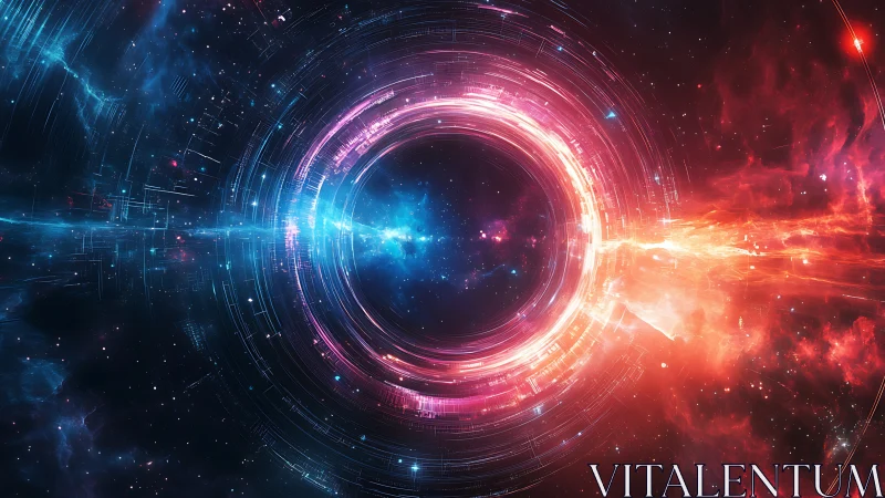 Quantum energy portal with neon vortex in cosmic nebula field.