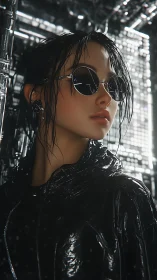 Neon rain slicks her armor as the grid city maps her gaze