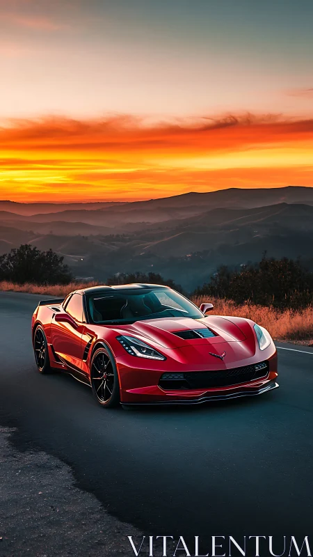 Red sports car on mountain road under vivid sunset sky.