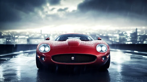 Red sports car dominates wet city rooftop at night