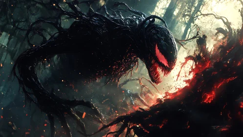 Sinister symbiotic entity lunges through infernal forest haze