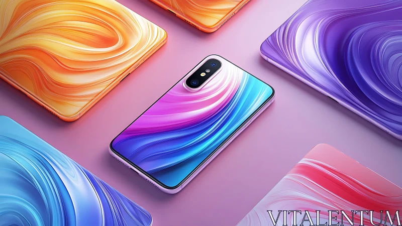 Colorful modern smartphone glows amid swirling tech tablets