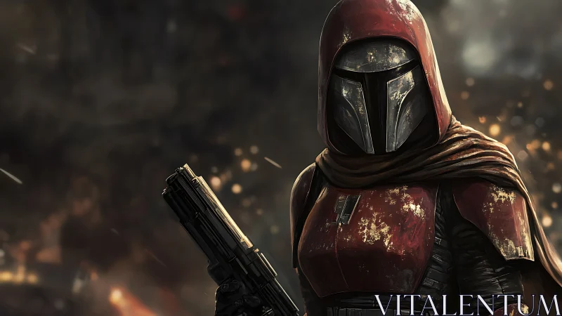 Armored sci fi ranger in battle worn crimson hooded armor.