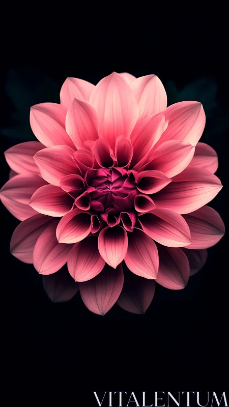Pink dahlia flower displays layered petal structure against dark background.