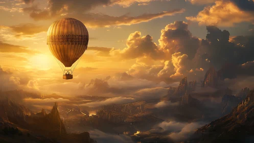 Hot air balloon above cloud-covered mountains at sunset.
