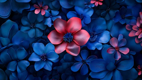 Vibrant floral composition with coral and azure blooms.